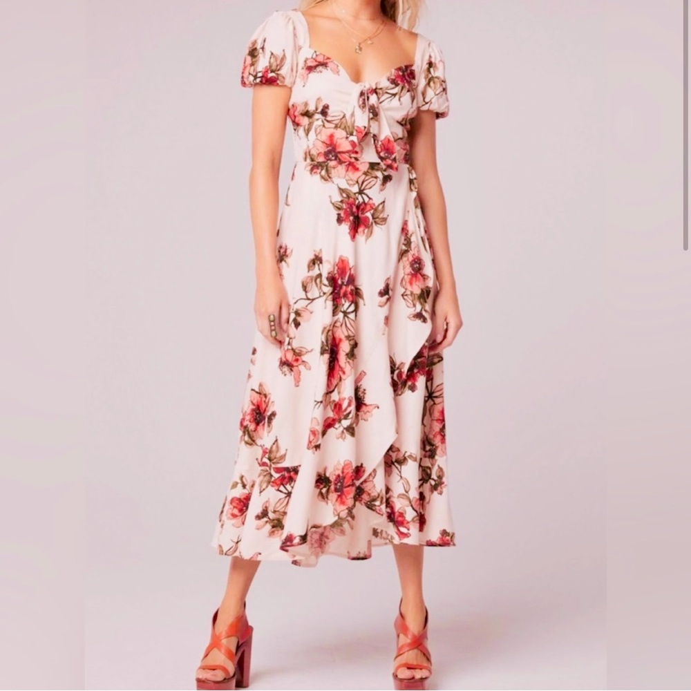 B-O-G Collection Ginger Beige Floral Tie Front Maxi Dress (Size Small)